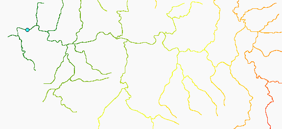 Map of distance calculations along a stream network from a stream gauge Map of distance calculations along a stream network from a stream gauge