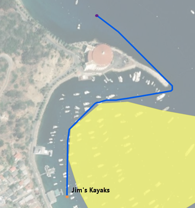 Path a kayak should paddle to move around a peninsula to return to the kayak rental Path a kayak should paddle to move around a peninsula to return to the kayak rental